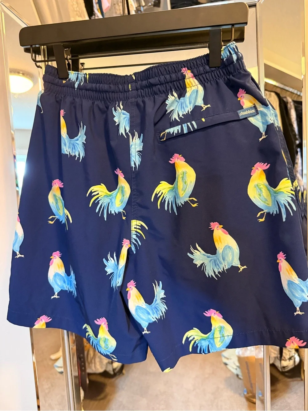 chubbies Navy Swim Shorts with Multicolor Rooster Print